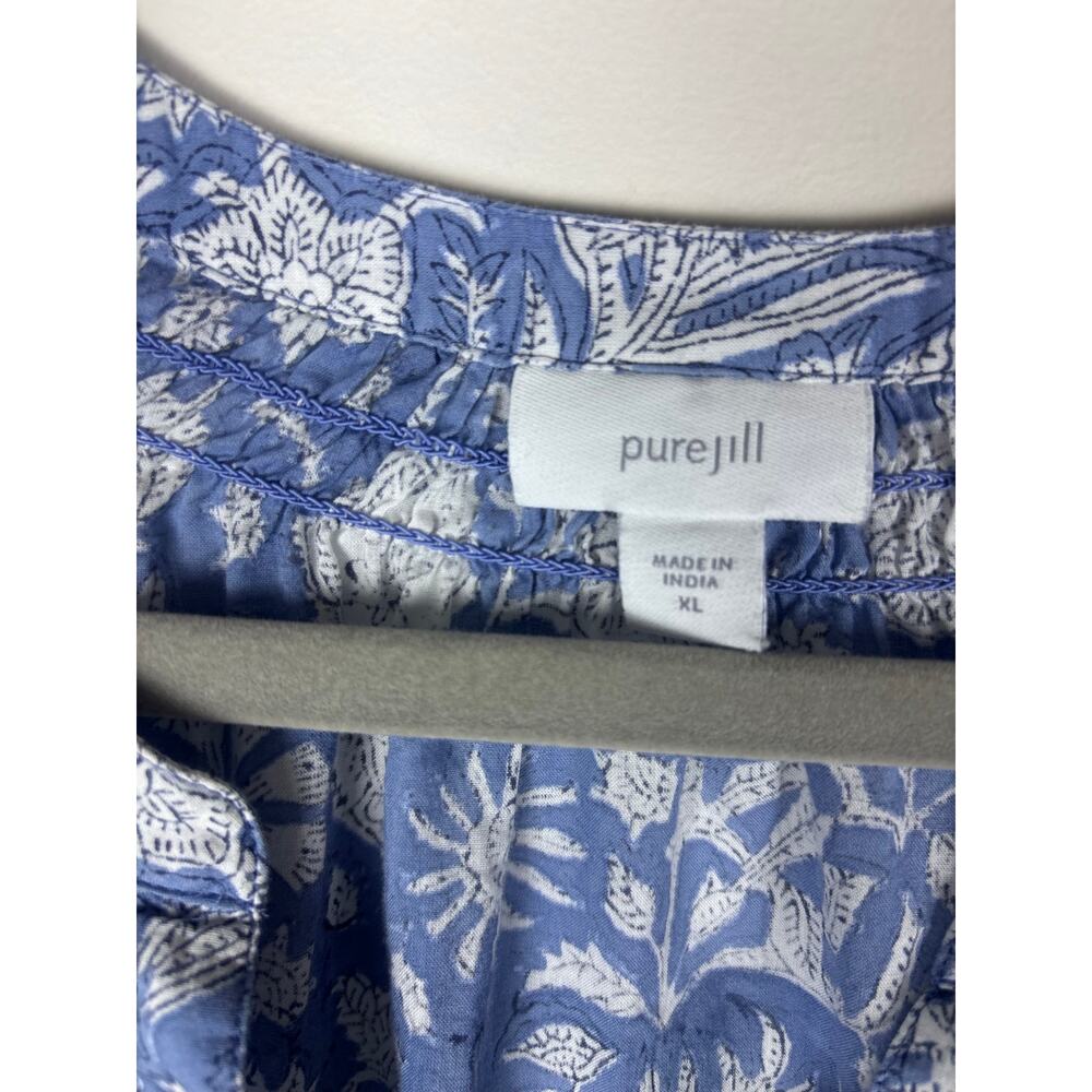 Pure Jill J Jill Womens XL Blue White Floral Border Print Cotton Blouse Boho - Picture 2 of 7